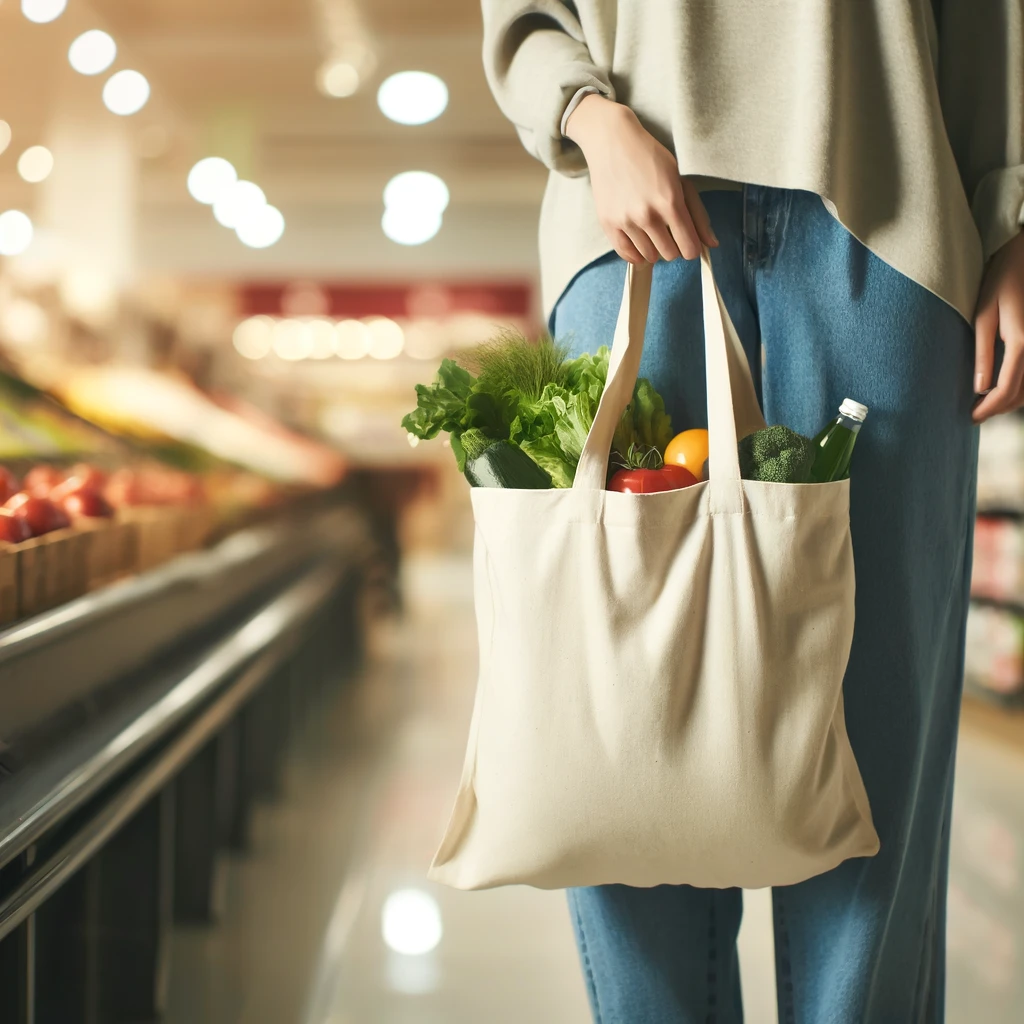 Minimalistyczna scena z torbą bawełnianą używaną podczas zakupów, pełną świeżych produktów.